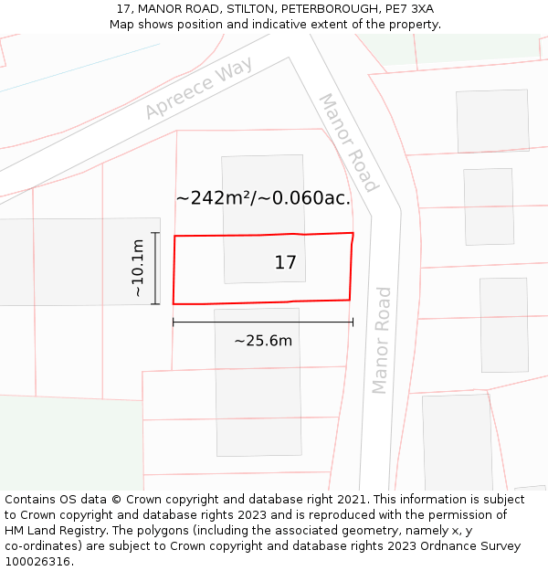 17, MANOR ROAD, STILTON, PETERBOROUGH, PE7 3XA: Plot and title map