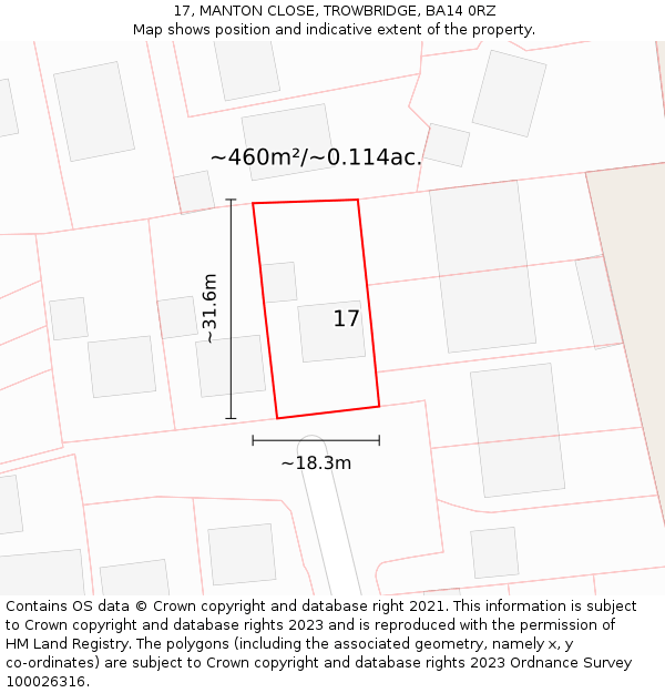17, MANTON CLOSE, TROWBRIDGE, BA14 0RZ: Plot and title map