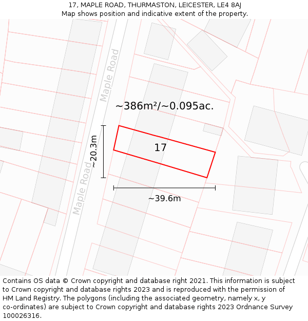 17, MAPLE ROAD, THURMASTON, LEICESTER, LE4 8AJ: Plot and title map