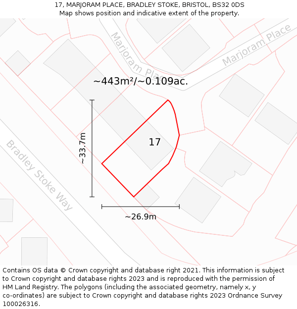 17, MARJORAM PLACE, BRADLEY STOKE, BRISTOL, BS32 0DS: Plot and title map