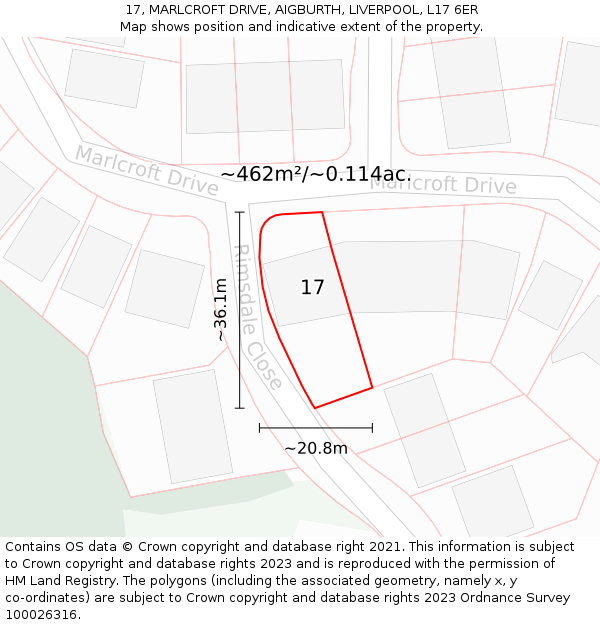 17, MARLCROFT DRIVE, AIGBURTH, LIVERPOOL, L17 6ER: Plot and title map