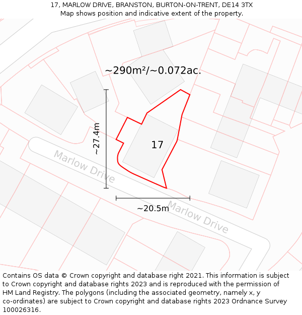 17, MARLOW DRIVE, BRANSTON, BURTON-ON-TRENT, DE14 3TX: Plot and title map