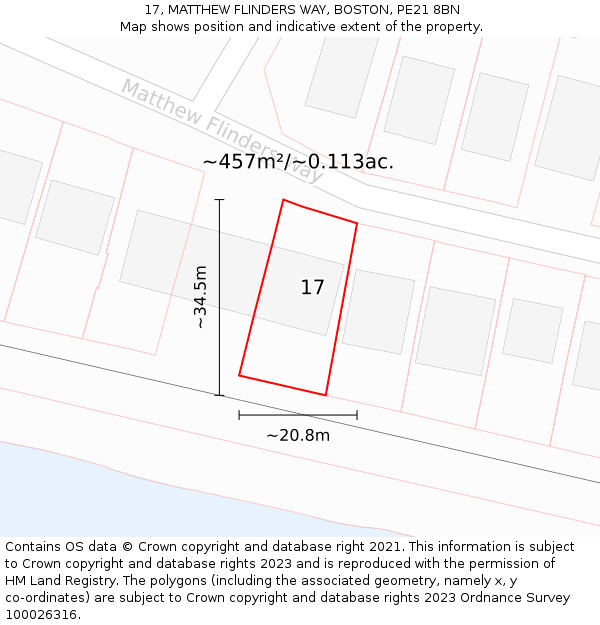 17, MATTHEW FLINDERS WAY, BOSTON, PE21 8BN: Plot and title map