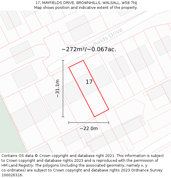 17, MAYFIELDS DRIVE, BROWNHILLS, WALSALL, WS8 7NJ: Plot and title map