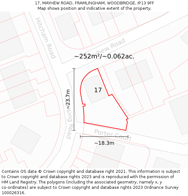 17, MAYHEW ROAD, FRAMLINGHAM, WOODBRIDGE, IP13 9FF: Plot and title map