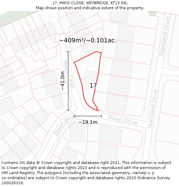 17, MAYS CLOSE, WEYBRIDGE, KT13 0XL: Plot and title map