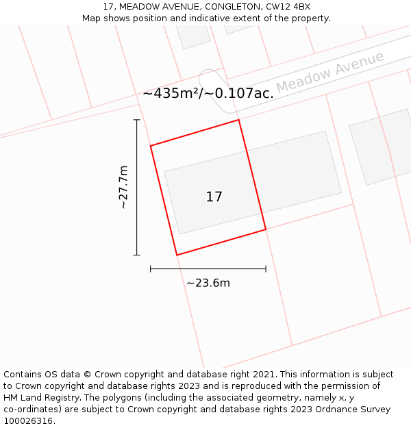 17, MEADOW AVENUE, CONGLETON, CW12 4BX: Plot and title map