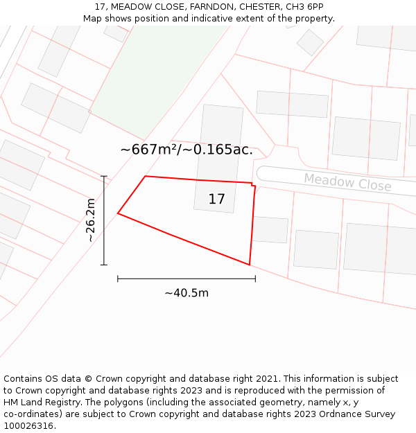 17, MEADOW CLOSE, FARNDON, CHESTER, CH3 6PP: Plot and title map