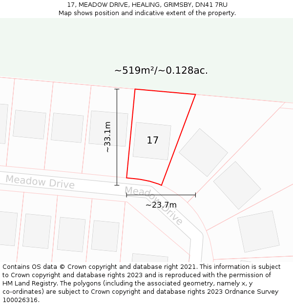 17, MEADOW DRIVE, HEALING, GRIMSBY, DN41 7RU: Plot and title map