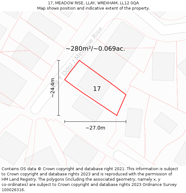 17, MEADOW RISE, LLAY, WREXHAM, LL12 0QA: Plot and title map