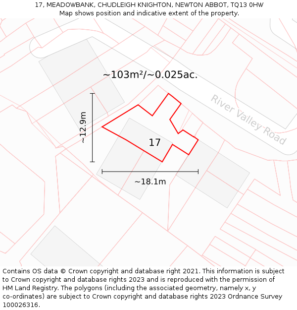 17, MEADOWBANK, CHUDLEIGH KNIGHTON, NEWTON ABBOT, TQ13 0HW: Plot and title map