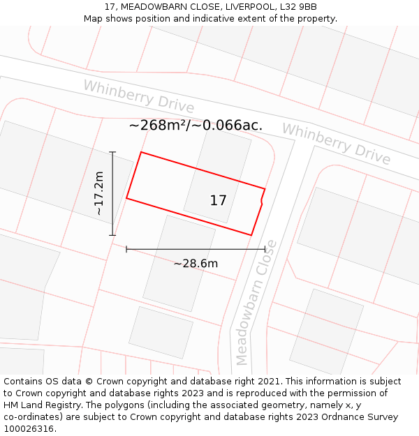 17, MEADOWBARN CLOSE, LIVERPOOL, L32 9BB: Plot and title map