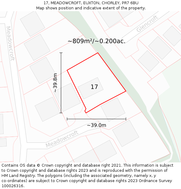 17, MEADOWCROFT, EUXTON, CHORLEY, PR7 6BU: Plot and title map