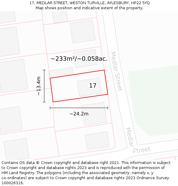 17, MEDLAR STREET, WESTON TURVILLE, AYLESBURY, HP22 5YQ: Plot and title map