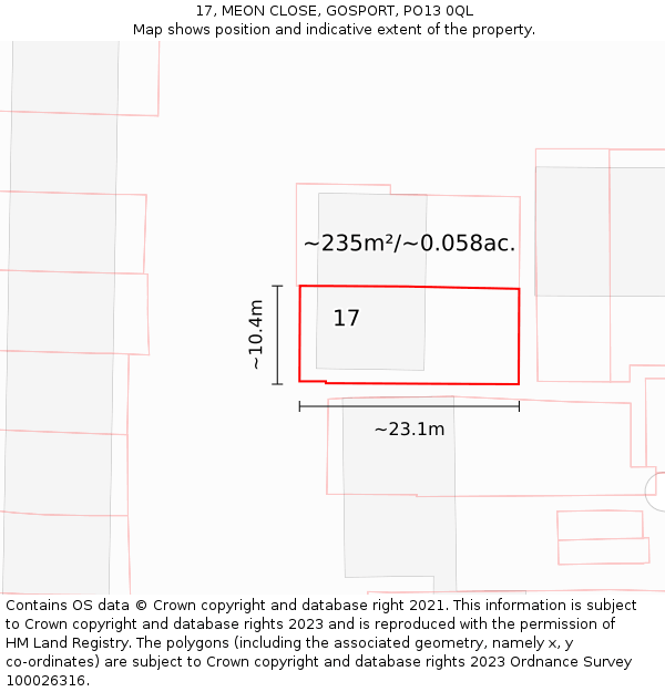 17, MEON CLOSE, GOSPORT, PO13 0QL: Plot and title map
