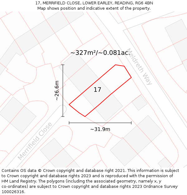 17, MERRIFIELD CLOSE, LOWER EARLEY, READING, RG6 4BN: Plot and title map