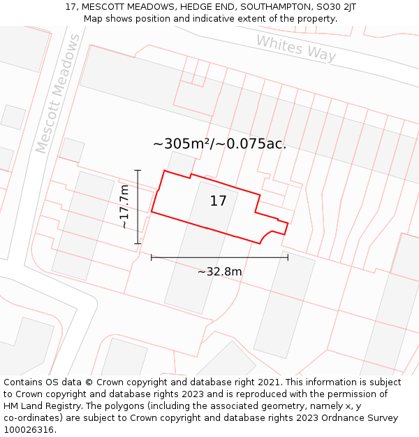 17, MESCOTT MEADOWS, HEDGE END, SOUTHAMPTON, SO30 2JT: Plot and title map