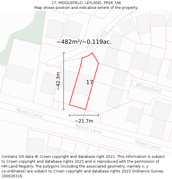 17, MIDDLEFIELD, LEYLAND, PR26 7AE: Plot and title map