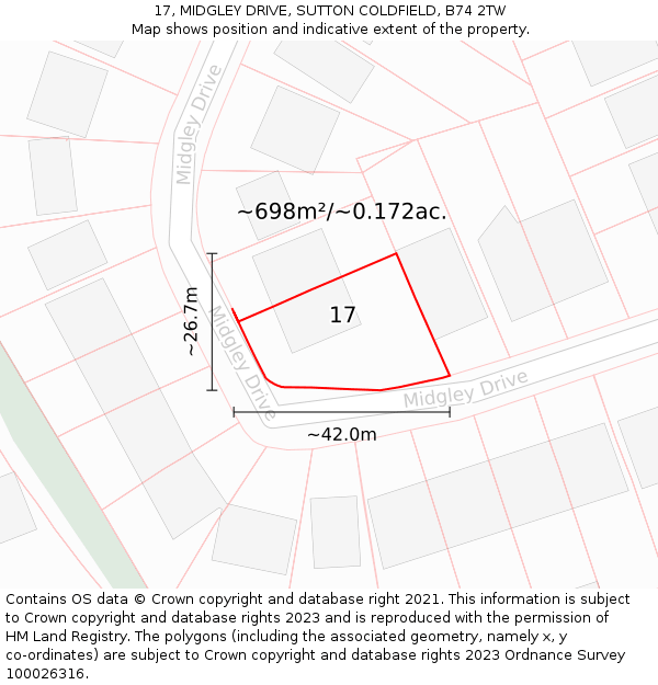 17, MIDGLEY DRIVE, SUTTON COLDFIELD, B74 2TW: Plot and title map