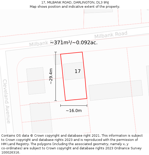 17, MILBANK ROAD, DARLINGTON, DL3 9NJ: Plot and title map