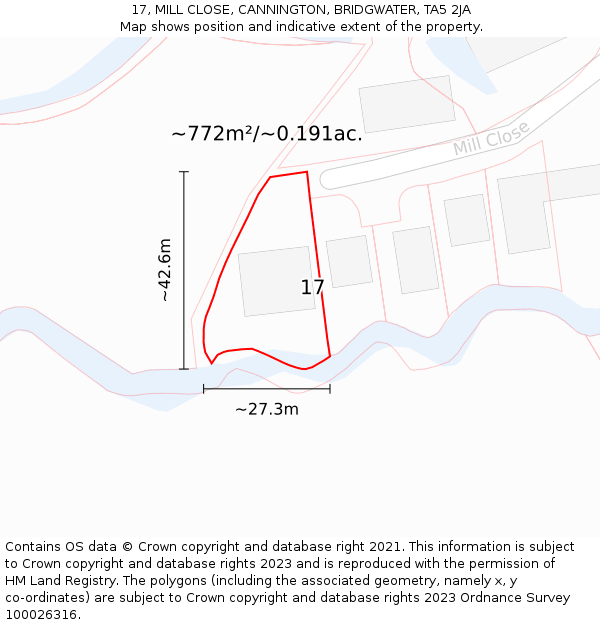 17, MILL CLOSE, CANNINGTON, BRIDGWATER, TA5 2JA: Plot and title map