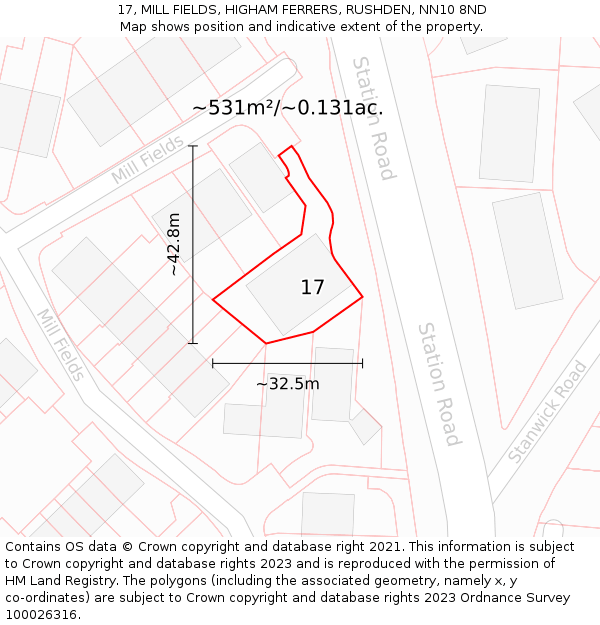 17, MILL FIELDS, HIGHAM FERRERS, RUSHDEN, NN10 8ND: Plot and title map