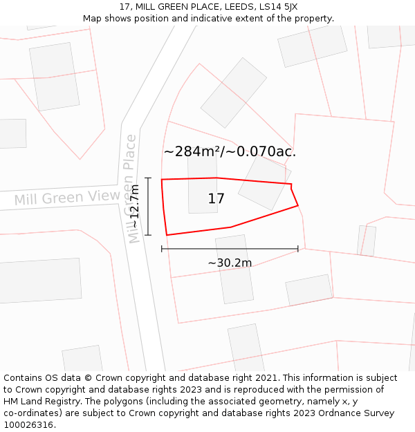 17, MILL GREEN PLACE, LEEDS, LS14 5JX: Plot and title map
