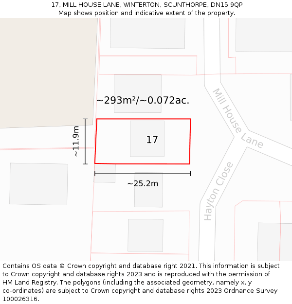 17, MILL HOUSE LANE, WINTERTON, SCUNTHORPE, DN15 9QP: Plot and title map