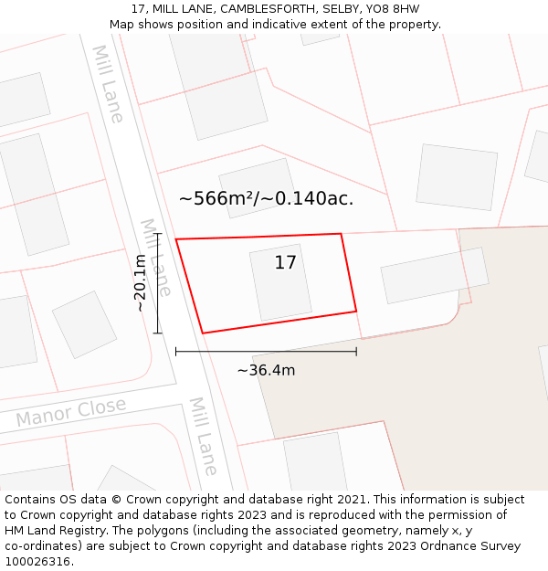17, MILL LANE, CAMBLESFORTH, SELBY, YO8 8HW: Plot and title map