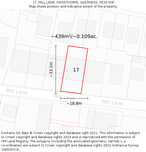 17, MILL LANE, HOGSTHORPE, SKEGNESS, PE24 5NF: Plot and title map