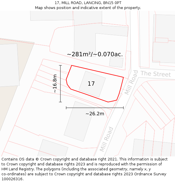 17, MILL ROAD, LANCING, BN15 0PT: Plot and title map