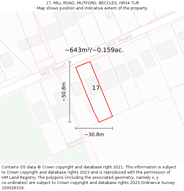 17, MILL ROAD, MUTFORD, BECCLES, NR34 7UR: Plot and title map
