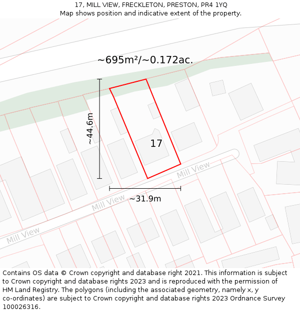 17, MILL VIEW, FRECKLETON, PRESTON, PR4 1YQ: Plot and title map