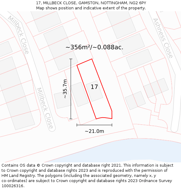 17, MILLBECK CLOSE, GAMSTON, NOTTINGHAM, NG2 6PY: Plot and title map