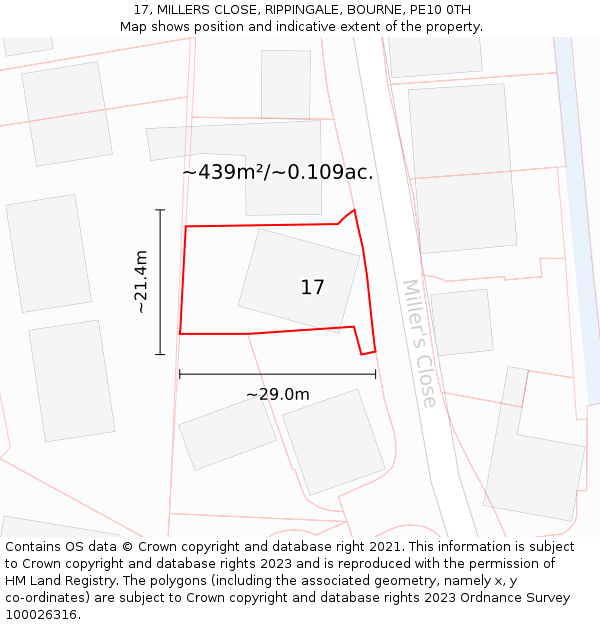 17, MILLERS CLOSE, RIPPINGALE, BOURNE, PE10 0TH: Plot and title map