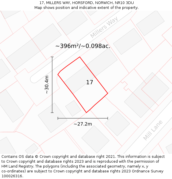 17, MILLERS WAY, HORSFORD, NORWICH, NR10 3DU: Plot and title map