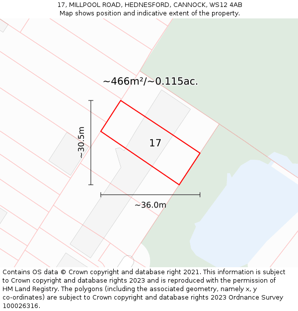 17, MILLPOOL ROAD, HEDNESFORD, CANNOCK, WS12 4AB: Plot and title map