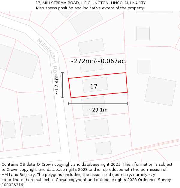 17, MILLSTREAM ROAD, HEIGHINGTON, LINCOLN, LN4 1TY: Plot and title map