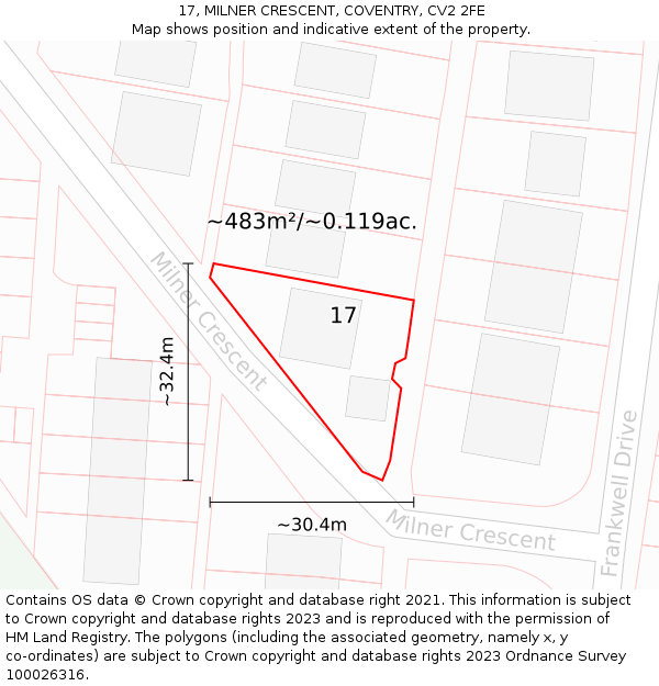 17, MILNER CRESCENT, COVENTRY, CV2 2FE: Plot and title map