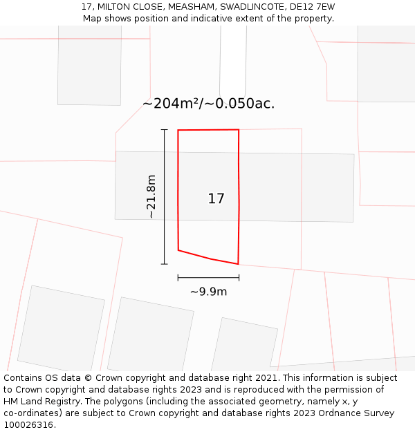 17, MILTON CLOSE, MEASHAM, SWADLINCOTE, DE12 7EW: Plot and title map