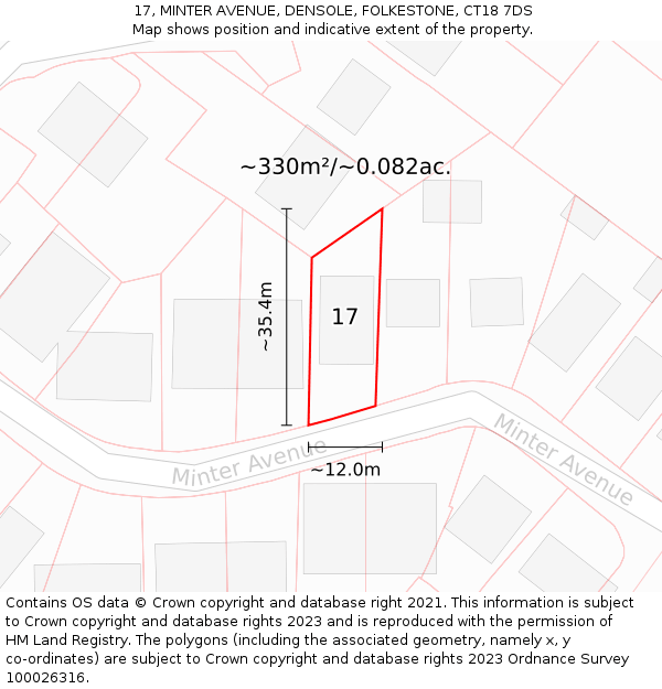 17, MINTER AVENUE, DENSOLE, FOLKESTONE, CT18 7DS: Plot and title map