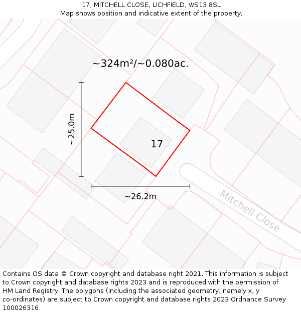17, MITCHELL CLOSE, LICHFIELD, WS13 8SL: Plot and title map