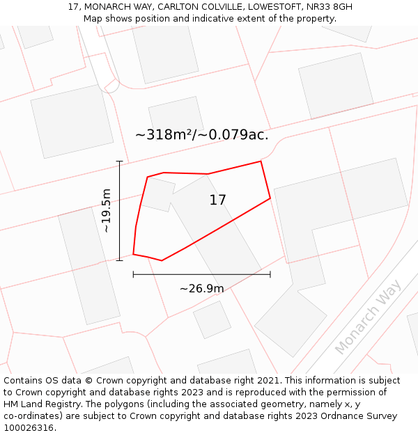 17, MONARCH WAY, CARLTON COLVILLE, LOWESTOFT, NR33 8GH: Plot and title map