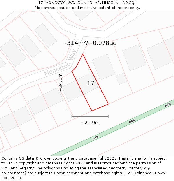 17, MONCKTON WAY, DUNHOLME, LINCOLN, LN2 3QL: Plot and title map
