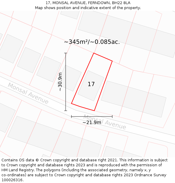 17, MONSAL AVENUE, FERNDOWN, BH22 8LA: Plot and title map