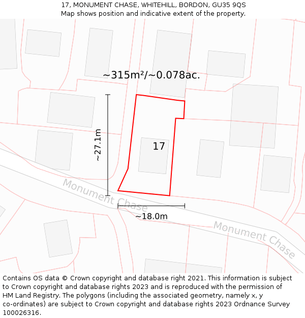 17, MONUMENT CHASE, WHITEHILL, BORDON, GU35 9QS: Plot and title map