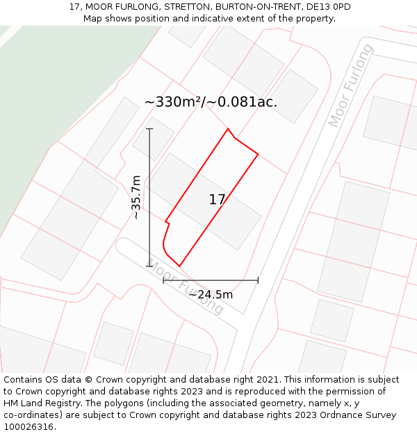 17, MOOR FURLONG, STRETTON, BURTON-ON-TRENT, DE13 0PD: Plot and title map