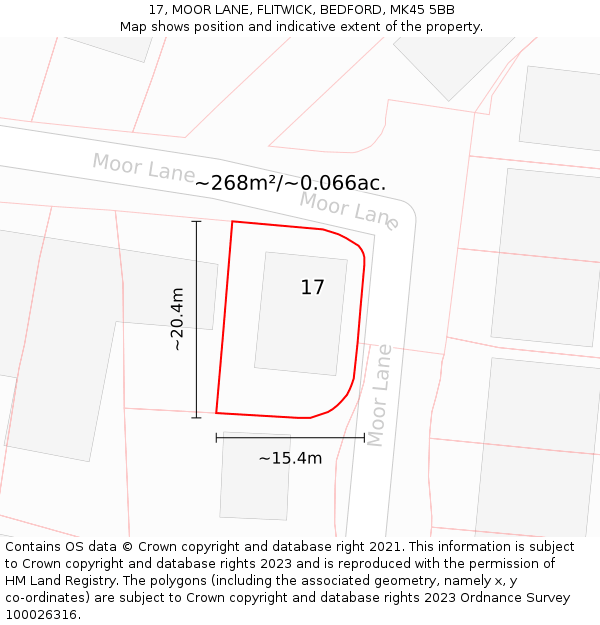 17, MOOR LANE, FLITWICK, BEDFORD, MK45 5BB: Plot and title map