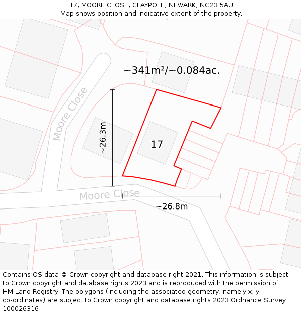 17, MOORE CLOSE, CLAYPOLE, NEWARK, NG23 5AU: Plot and title map