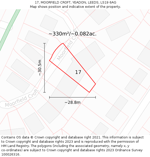 17, MOORFIELD CROFT, YEADON, LEEDS, LS19 6AG: Plot and title map